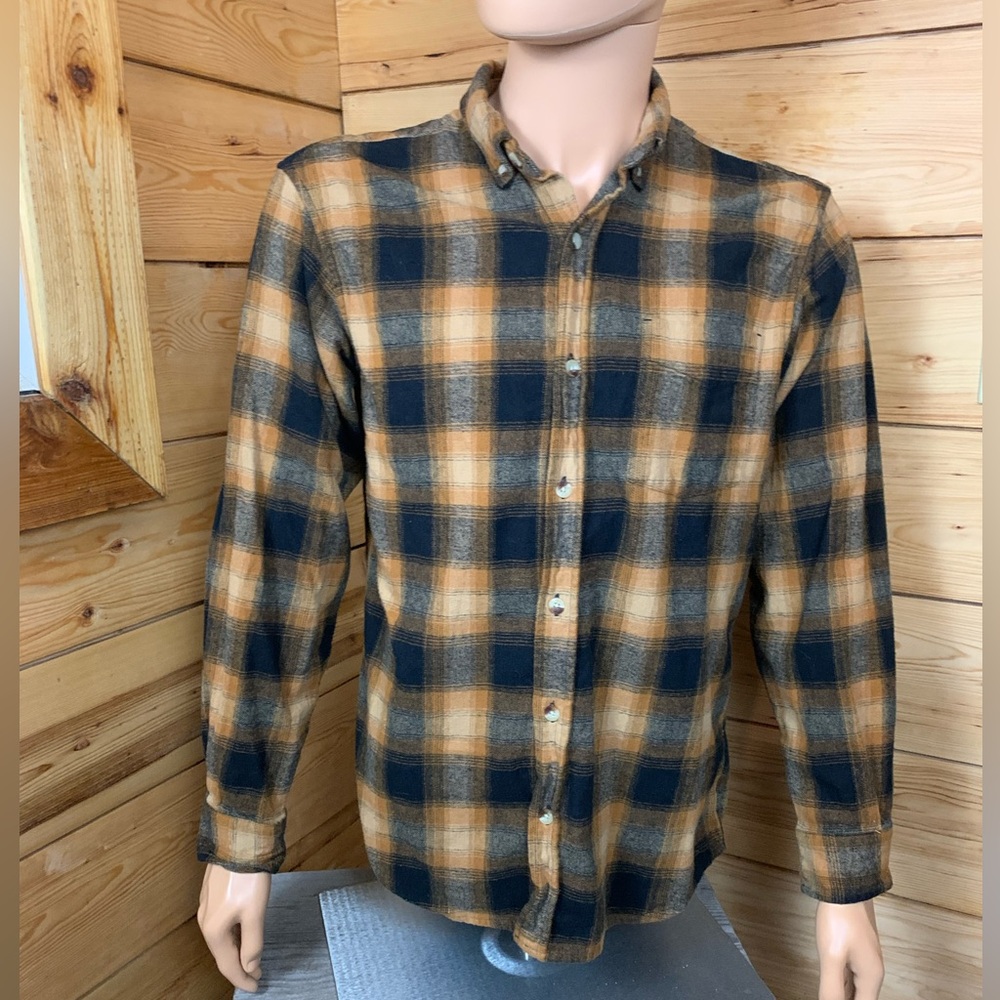 Men's Medium Cotton Plaid Flannel Shirt Burnt‎ Orange Black Soft Hunting Camping